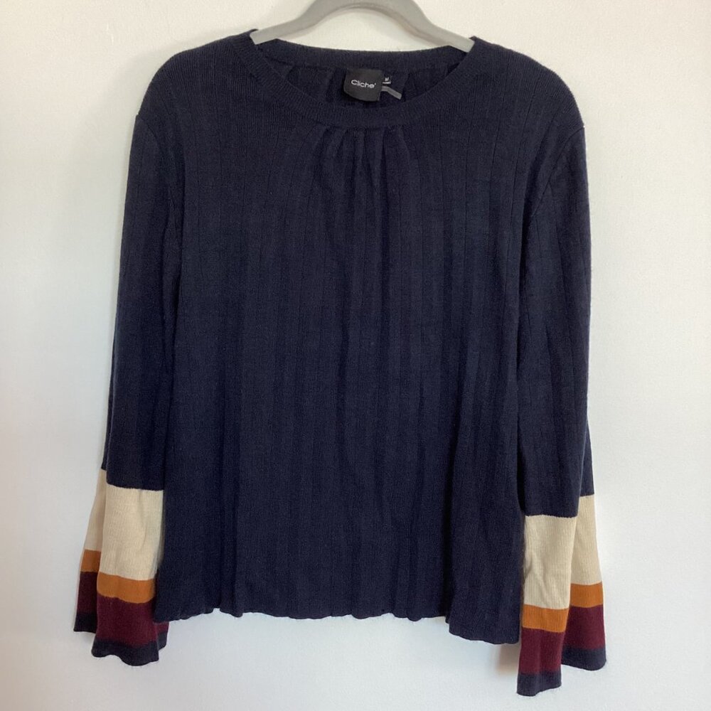 Cliché Wool Blend Striped Sleeve Pleated Sweater Size Medium